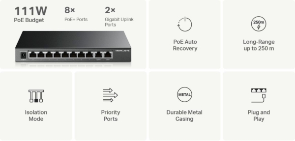 MS110GMP - 10-Port Gigabit Desktop Switch with 8-Port PoE Switch