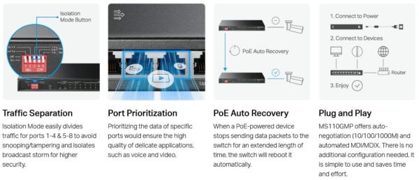 MS110GMP - 10-Port Gigabit Desktop Switch with 8-Port PoE Switch